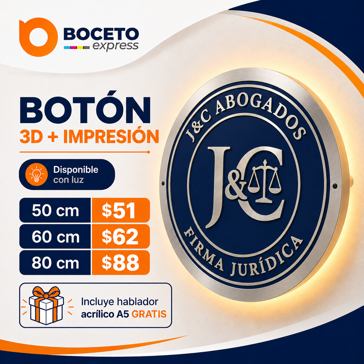 Botón 3D con impresión luminoso personalizado Boceto Express